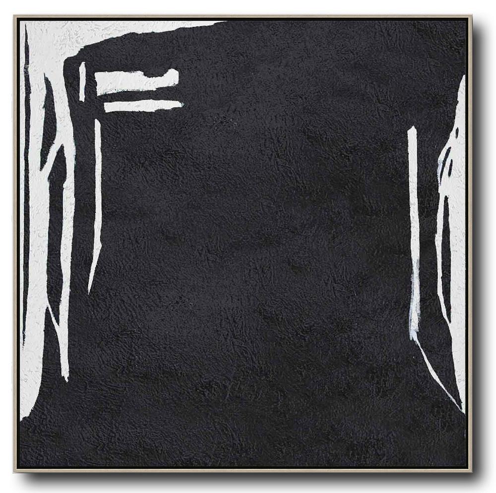 Hand-Painted Oversized Minimal Black And White Painting - Silver Abstract Painting Restroom Large